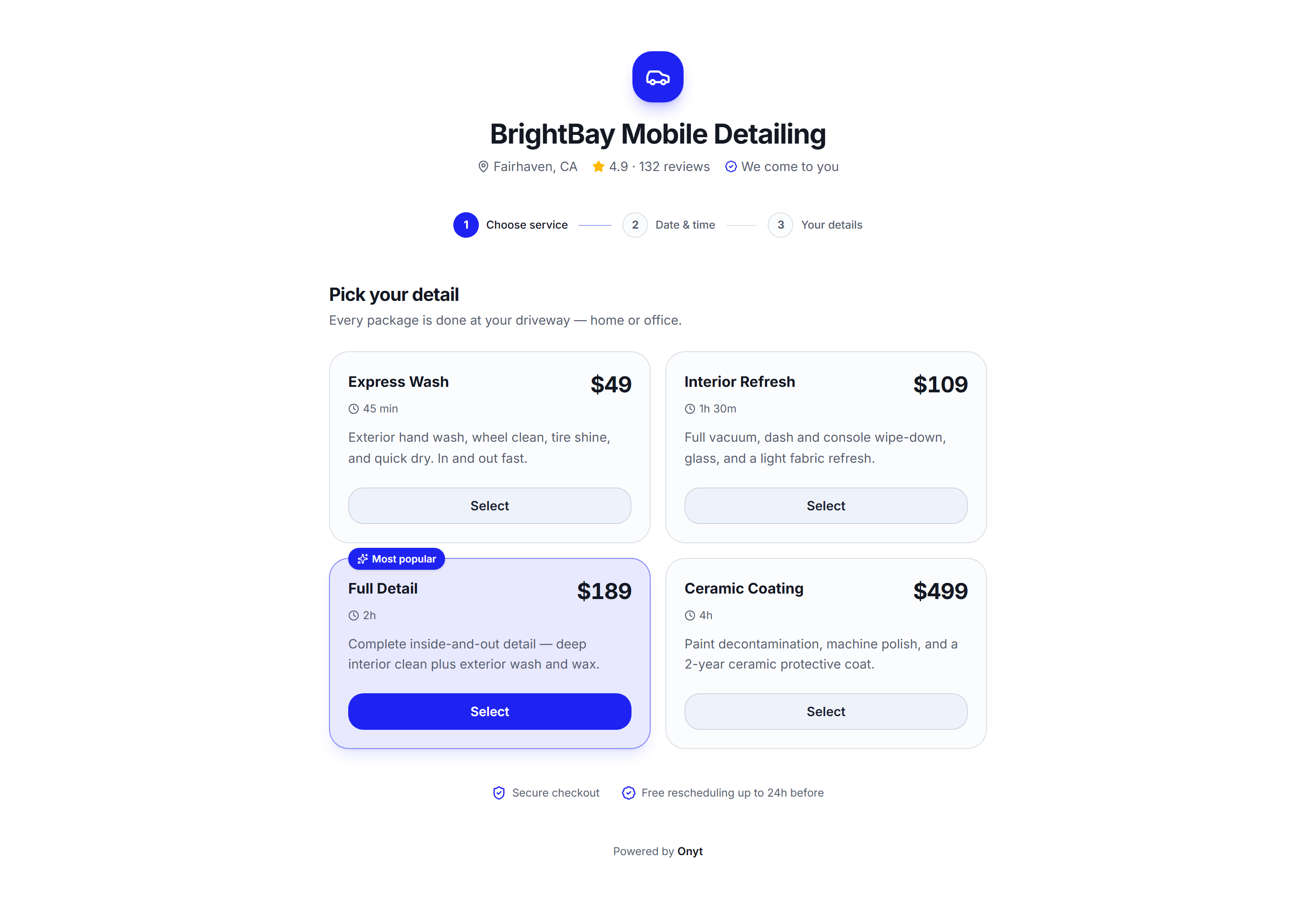 Onyt public booking page showing four detailing packages with pricing and descriptions