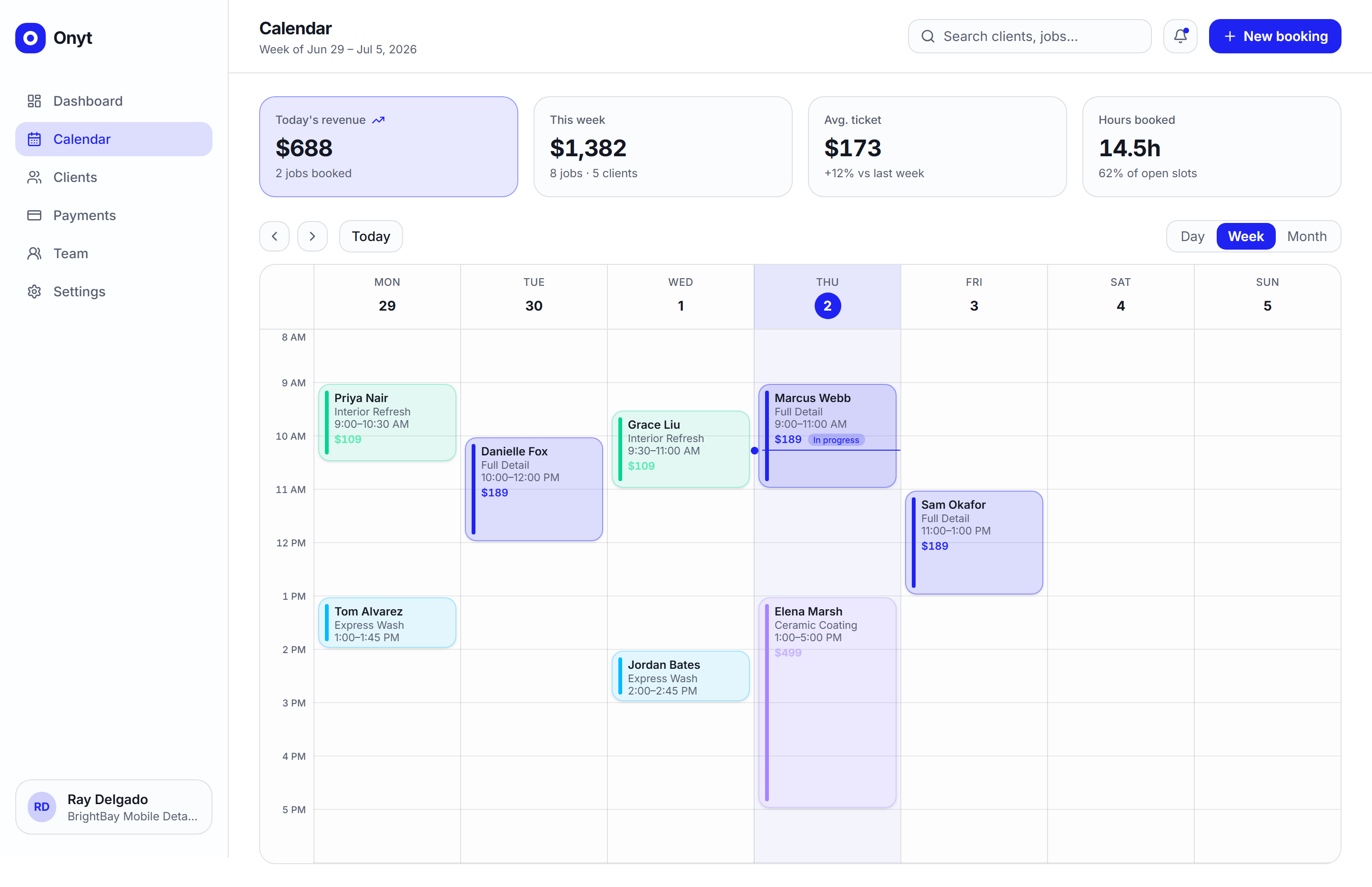 Onyt owner dashboard showing a week-view calendar of detailing jobs with a daily revenue snapshot