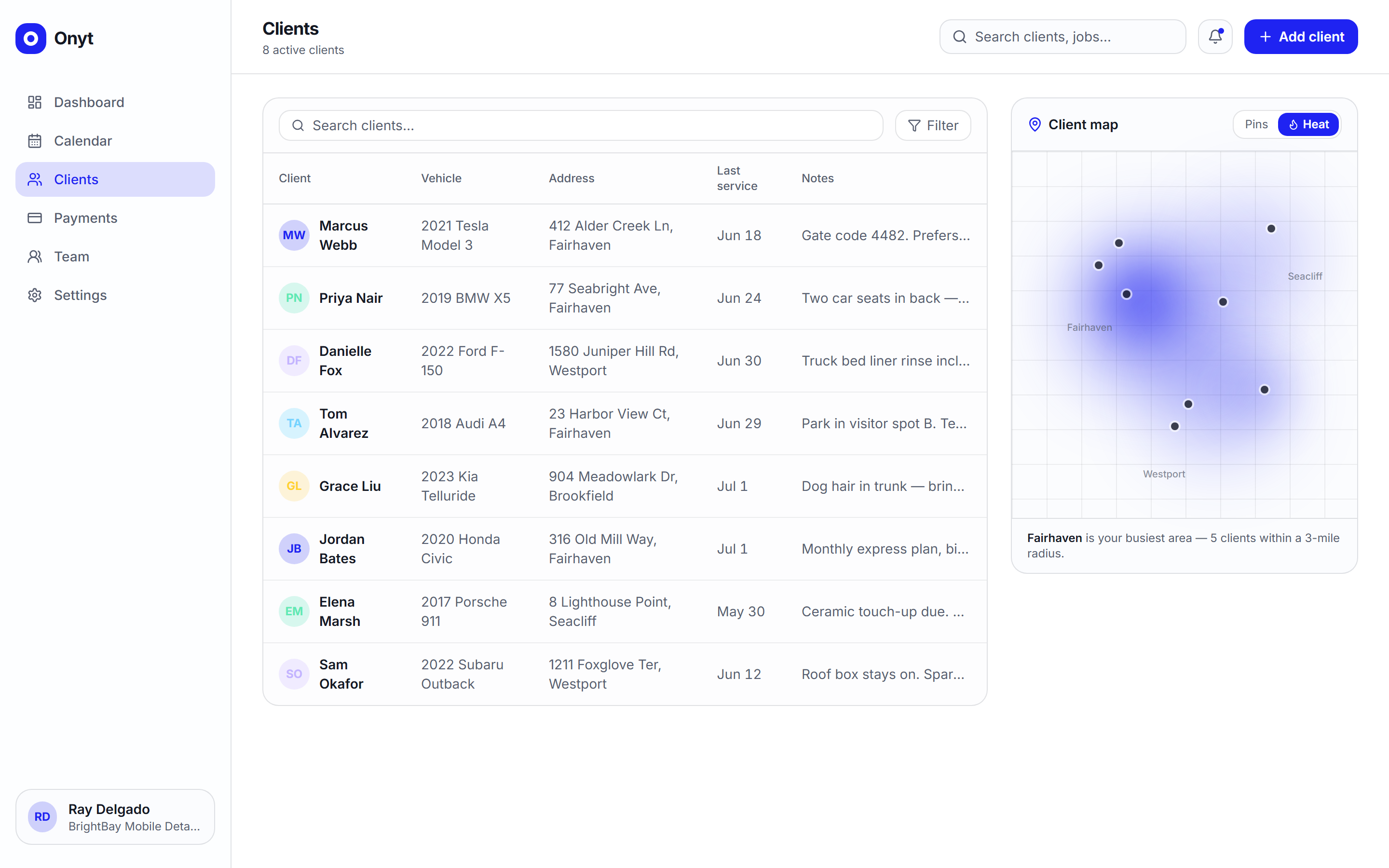 Onyt client list with vehicle, address, and last-service details beside a client heat-map
