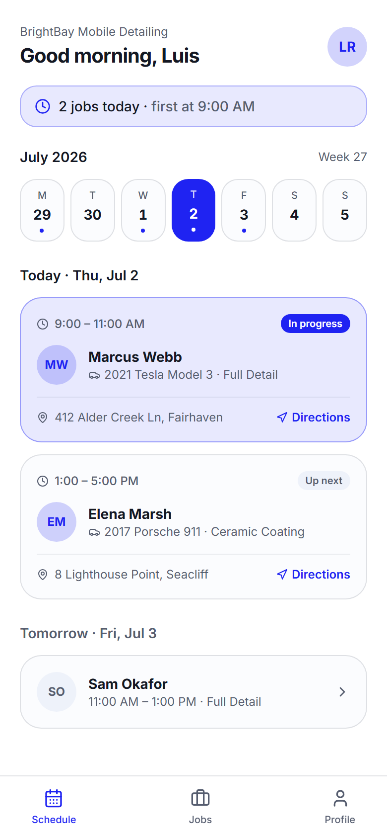 Onyt employee mobile view showing a detailer's assigned jobs for the day