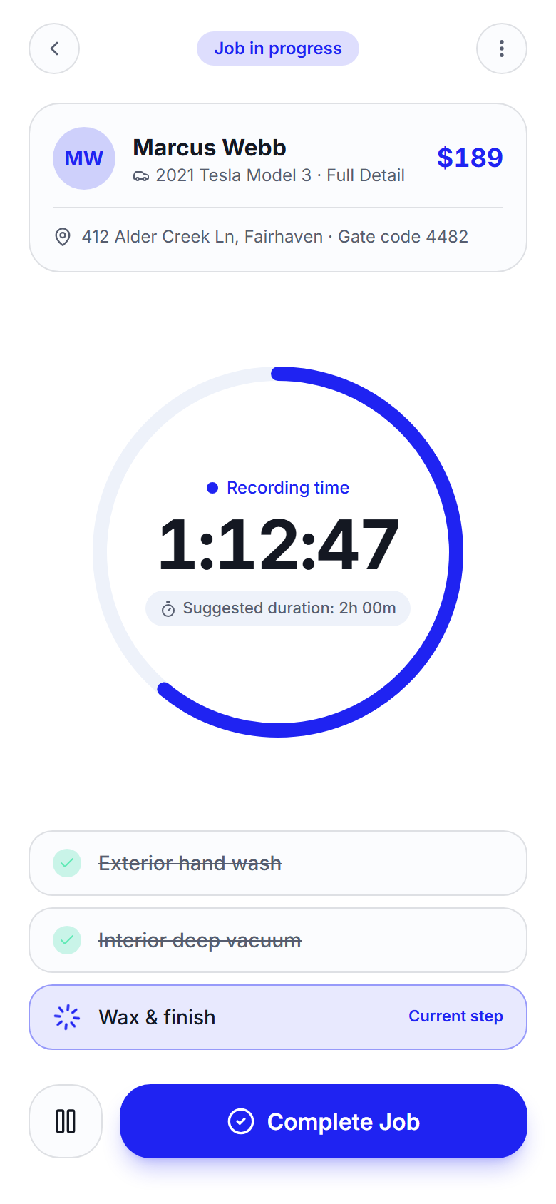 Onyt job timer on a phone showing a running stopwatch and Complete Job button